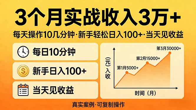 3个月实战收入3万+，每天操作10几分钟，新手轻松日入100+，当天见收益-985网创
