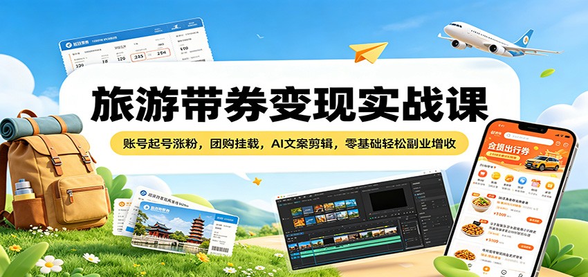 旅游带券变现实战课：账号起号涨粉，团购挂载，AI文案剪辑，零基础轻松副业增收-985网创