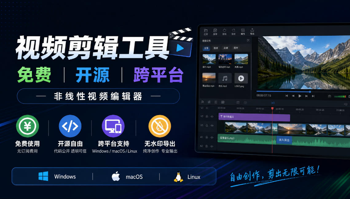 视频剪辑工具，免费、开源、跨平台，非线性视频编辑器，支持Windows、macOS、Linux，无水印、无订阅费用-985网创