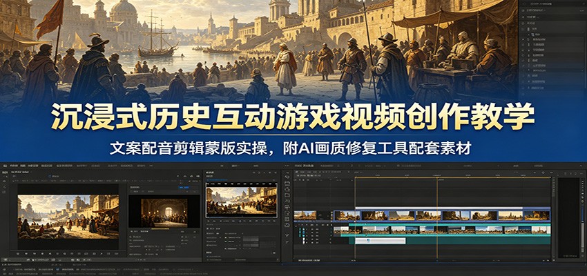 沉浸式历史互动游戏视频创作教学：文案配音剪辑蒙版实操，附AI画质修复工具配套素材-985网创