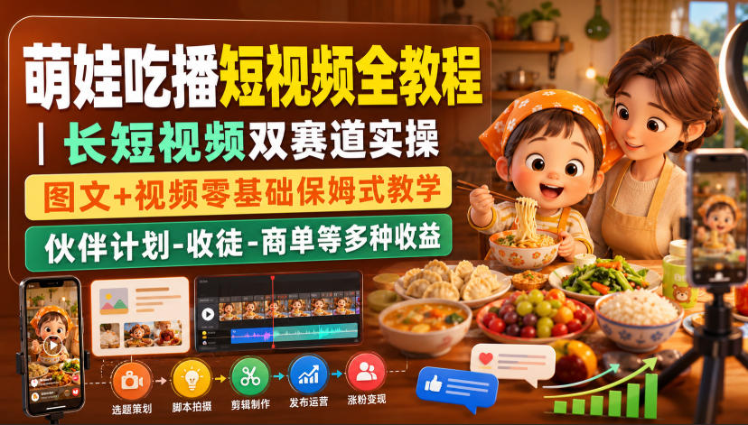 萌娃吃播短视频全教程｜长短视频双赛道实操，图文+视频零基础保姆式教学，伙伴计划-收徒-商单等多种变现方式-985网创