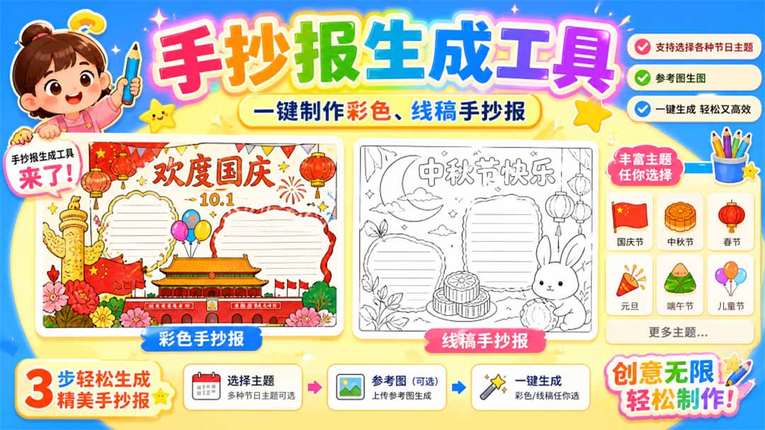 手抄报批量生成工具来了，完全免费，告别豆包生图，这个高清无水印-985网创
