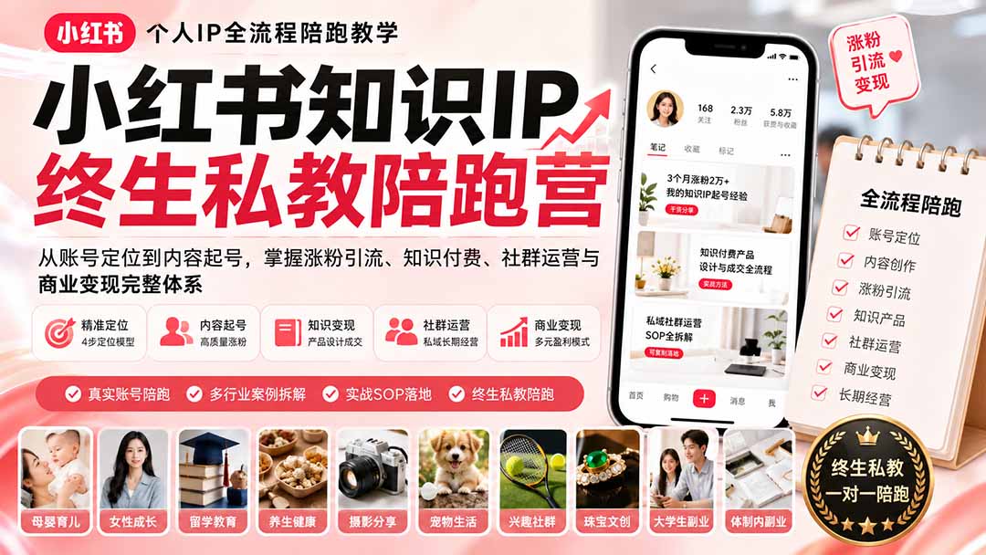 小红书知识IP终生私教陪跑营：从账号定位到内容起号，掌握涨粉引流、知识付费、社群运营与商业变现完整体系-985网创