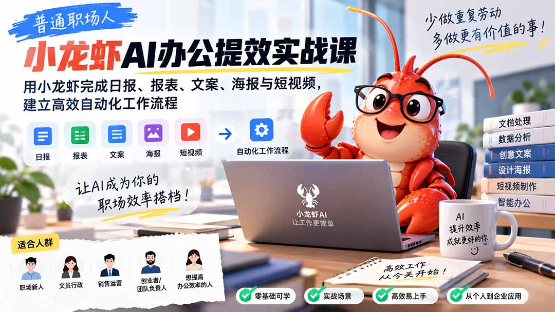 普通职场人AI办公提效实战课：用小龙虾完成日报、报表、文案、海报与短视频，建立高效自动化工作流程-985网创
