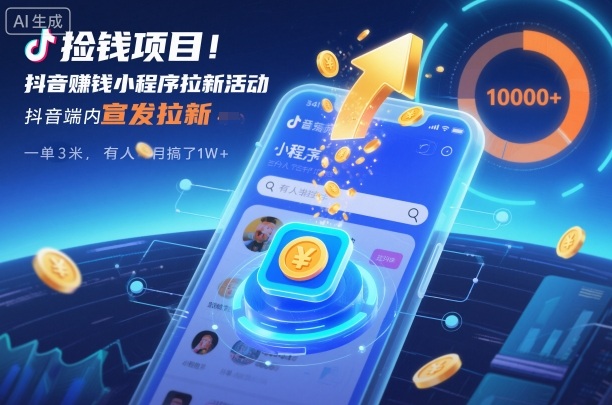 捡钱项目！抖音賺钱小程序拉新活动，抖音端内宣发拉新，一单3米，有人半个月搞了1W+-985网创