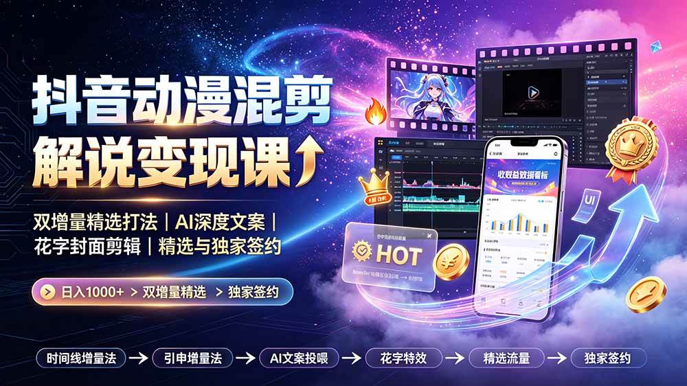 （19311期）抖音动漫混剪解说变现课：双增量精选打法｜AI深度文案｜花字封面剪辑｜ 精选与独家签约日入1000+-985网创