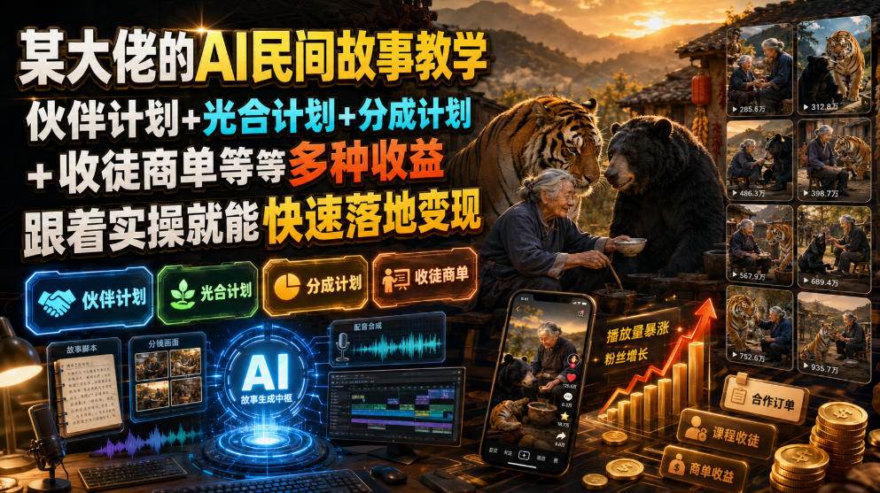 （19360期）某大佬的AI民间故事教学，伙伴计划+光合计划+分成计划+收徒商单等多种收益，跟着实操就能快速落地变现-985网创