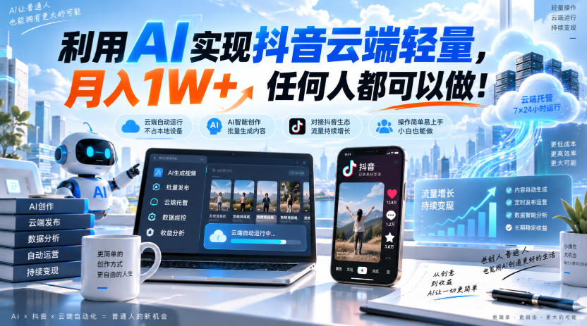 利用AI实现抖音云端轻量，月入1W+，任何人都可以做！【揭秘】-985网创