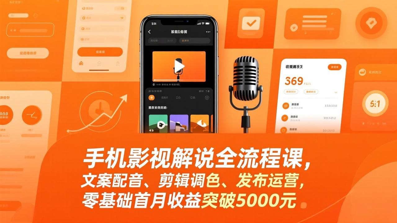 手机影视解说全流程课，文案配音、剪辑调色、发布运营，零基础首月收益突破5000元-985网创