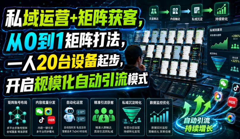 私域运营+矩阵获客，从0到1矩阵打法，一人20台设备起步，开启规模化自动引流模式！-985网创