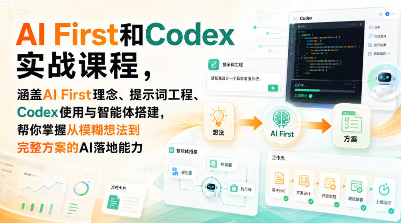 AI First和Codex实战课，涵盖AI First理念、提示词工程、Codex使用与智能体搭建，掌握从模糊想法到完整方案的AI落地能力-985网创
