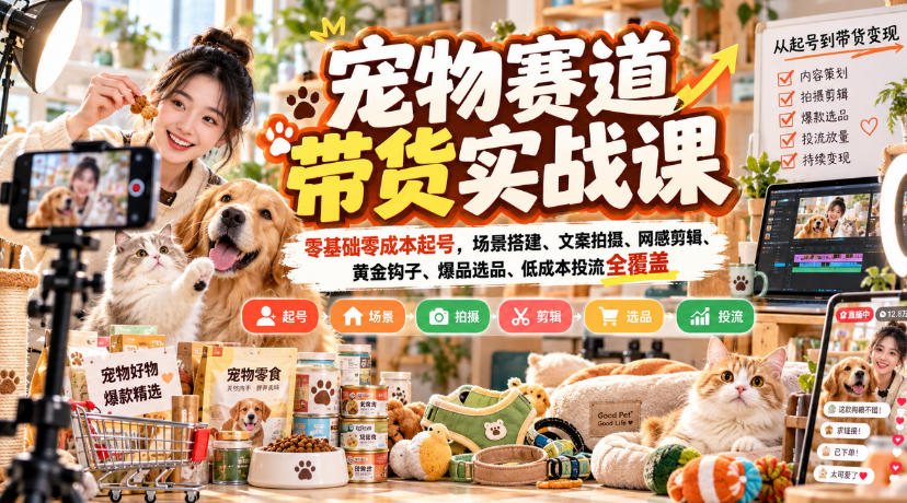 宠物赛道带货实战课，零基础零成本起号，场景搭建、文案拍摄、网感剪辑、黄金钩子、爆品选品、低成本投流全覆盖-985网创