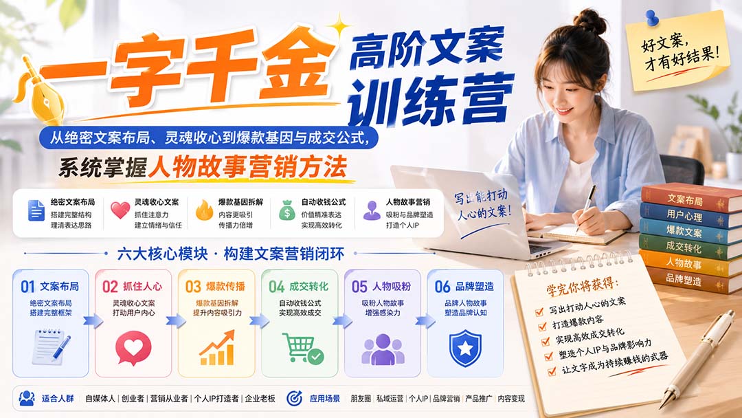一字千金高阶文案训练营：从绝密文案布局、灵魂收心到爆款基因与成交公式，系统掌握人物故事营销方法-985网创