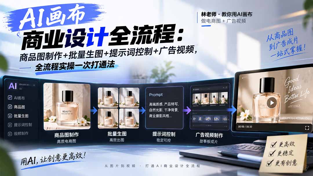 AI画布商业设计全流程：商品图制作+批量生图+提示词控制+广告视频，全流程实操一次打通法-985网创