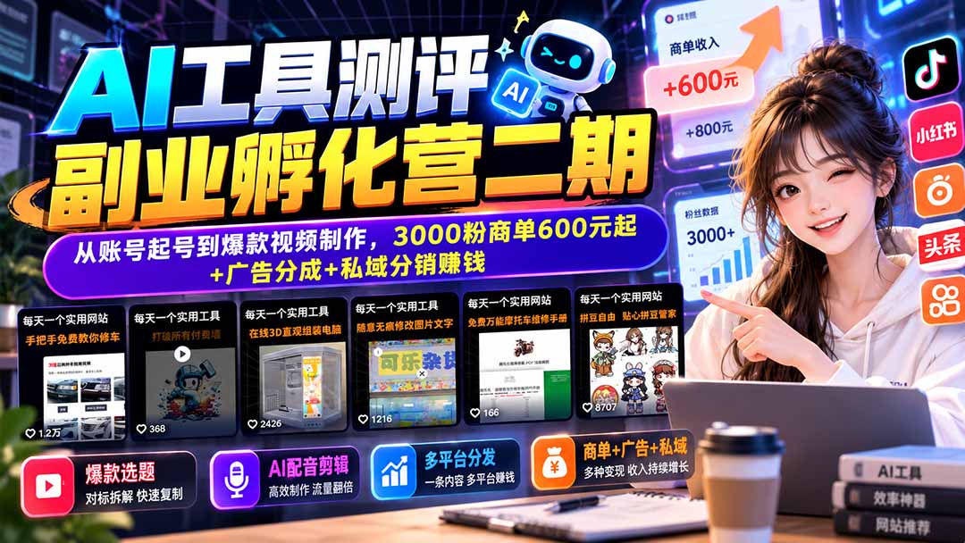 AI工具测评副业孵化营二期：从账号起号到爆款视频制作，3000粉商单600元起+广告分成+私域分销赚钱-985网创