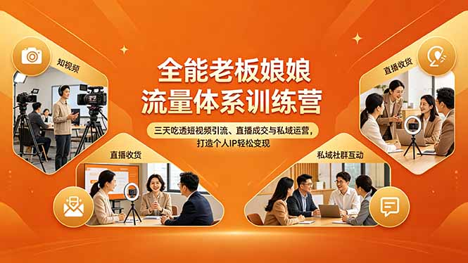 全能老板娘流量体系训练营，三天吃透短视频引流、直播成交与私域运营，打造个人IP轻松变现-985网创