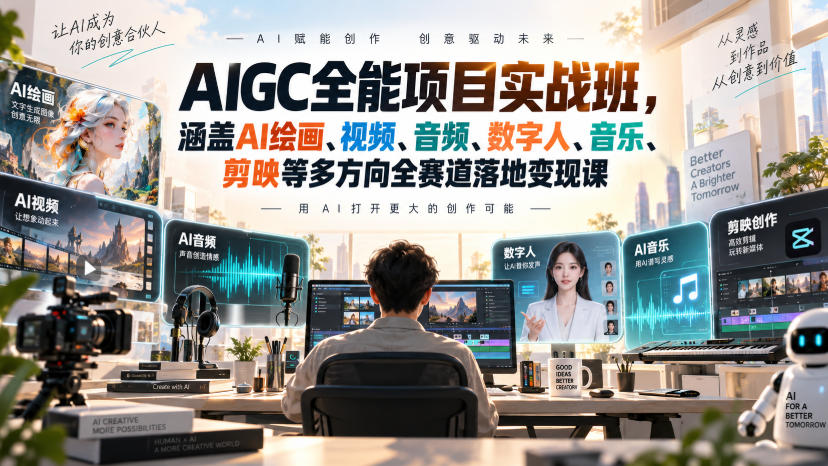 AIGC全能项目实战班，涵盖AI绘画、视频、音频、数字人、音乐、剪映等多方向全赛道落地变现课-985网创