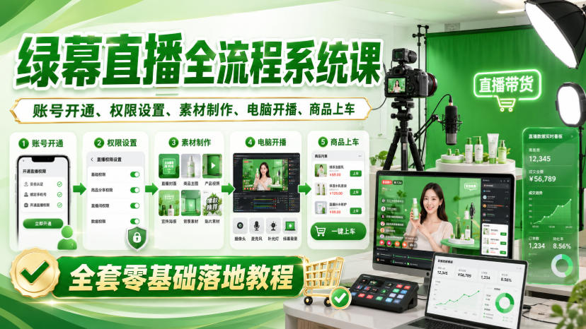绿幕直播全流程系统课，账号开通、权限设置、素材制作、电脑开播、商品上车全套零基础落地教程-985网创