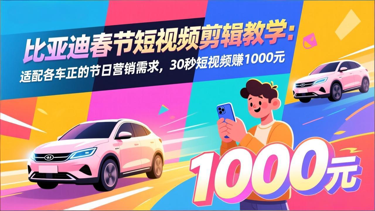 比亚迪春节短视频剪辑教学：适配各车企的节日营销需求，30秒短视频赚1000元-985网创