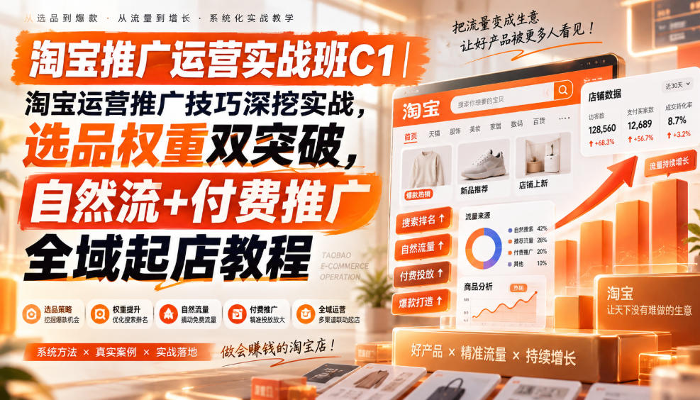 淘宝推广运营实战班C1｜淘宝运营推广技巧深挖实战，选品权重双突破，自然流+付费推广全域起店教程-985网创
