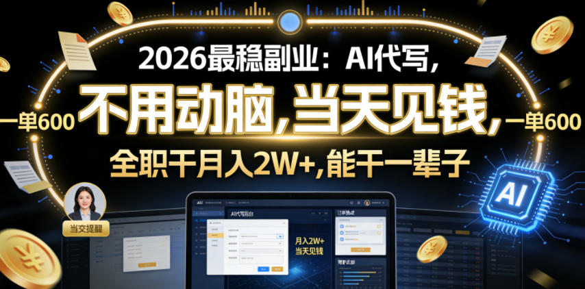 2026最稳副业：AI代写，不用动脑，当天见钱，一单600，全职干月入2W+，能干一辈子【揭秘】-985网创