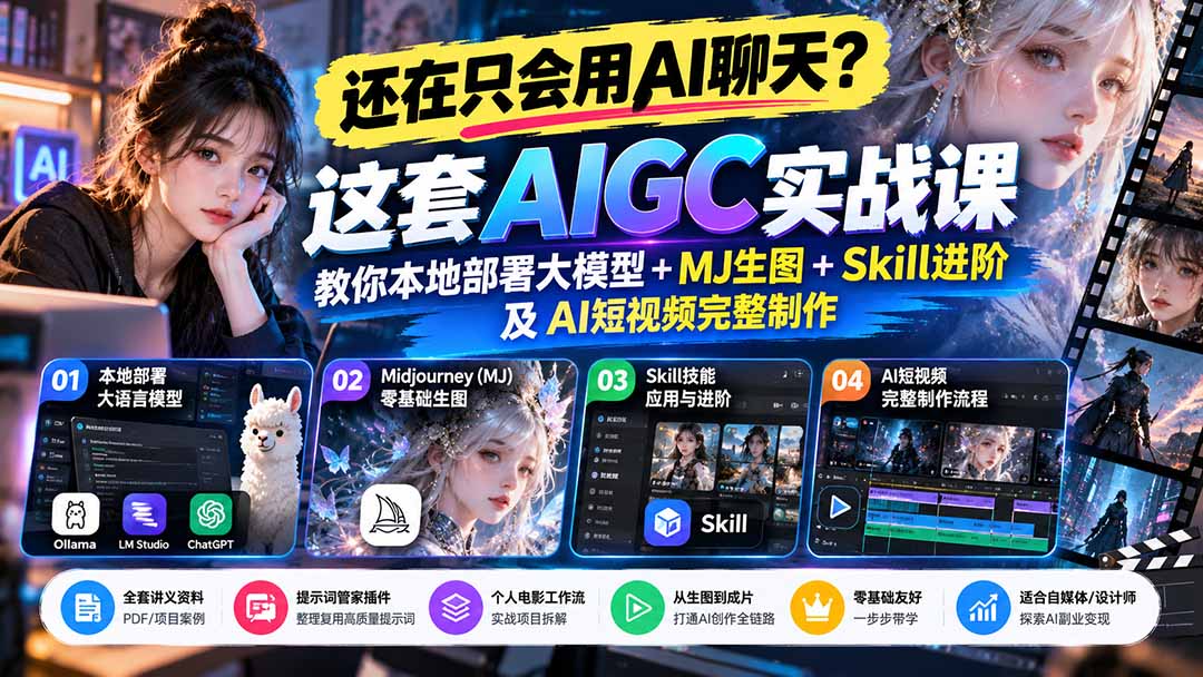 【无水印】还在只会用AI聊天？这套AIGC实战课教你本地部署大模型+MJ生图+Skill进阶及AI短视频完整制作-985网创