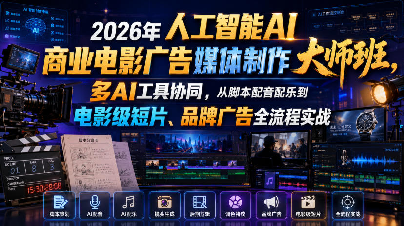 2026年人工智能AI商业电影广告媒体制作大师班，多AI工具协同，从脚本配音配乐到电影级短片、品牌广告全流程实战（中英字幕）-985网创