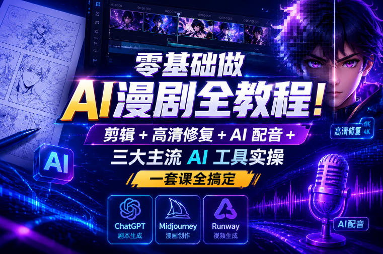 零基础做AI漫剧全教程！剪辑+高清修复+AI配音+三大主流AI工具实操，一套课全搞定-985网创