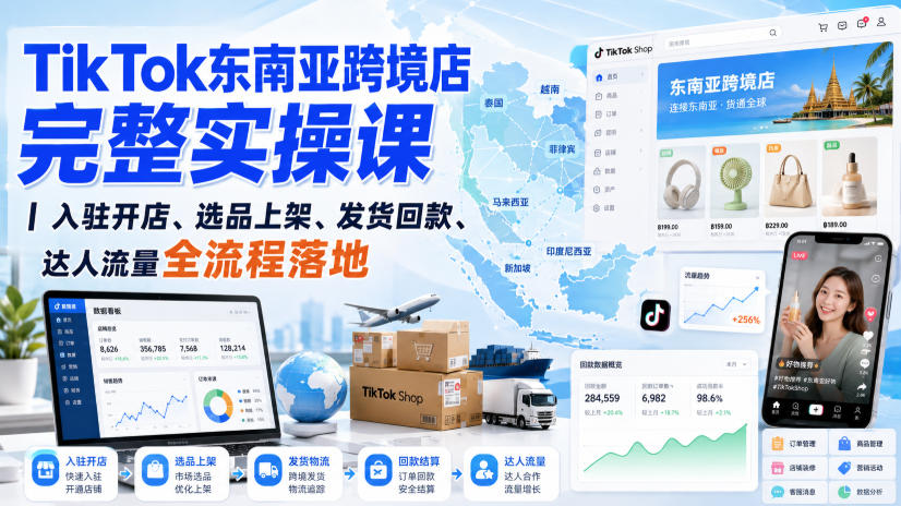 TikTok东南亚跨境店完整实操课｜入驻开店、选品上架、发货回款、达人流量全流程落地-985网创