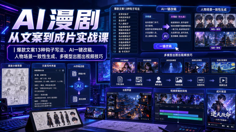 AI漫剧从文案到成片实战课｜爆款文案13种钩子写法、AI一键改稿、人物场景一致性生成、多模型出图出视频技巧-985网创