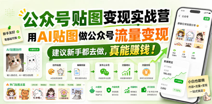 公众号贴图变现实战营，用AI贴图做公众号流量变现，建议新手都去做，真能賺钱！-985网创