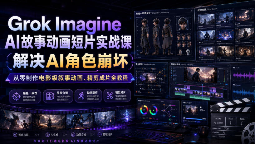 Grok Imagine AI故事动画短片实战课｜解决AI角色崩坏，从零制作电影级叙事动画、精剪成片全教程（中英字幕）-985网创