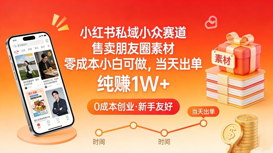 小红书私域小众赛道，售卖朋友圈素材，零成本小白可做，当天出单，月入1W+-985网创