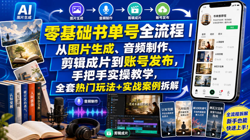 零基础书单号全流程｜从图片生成、音频制作、剪辑成片到账号发布，手把手实操教学，全套热门玩法+实战案例拆解-985网创
