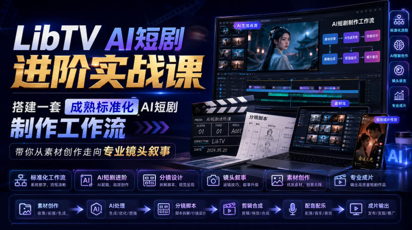 LibTV AI短剧进阶实战课，搭建一套成熟标准化AI短剧制作工作流，带你从素材创作走向专业镜头叙事(更新)-985网创