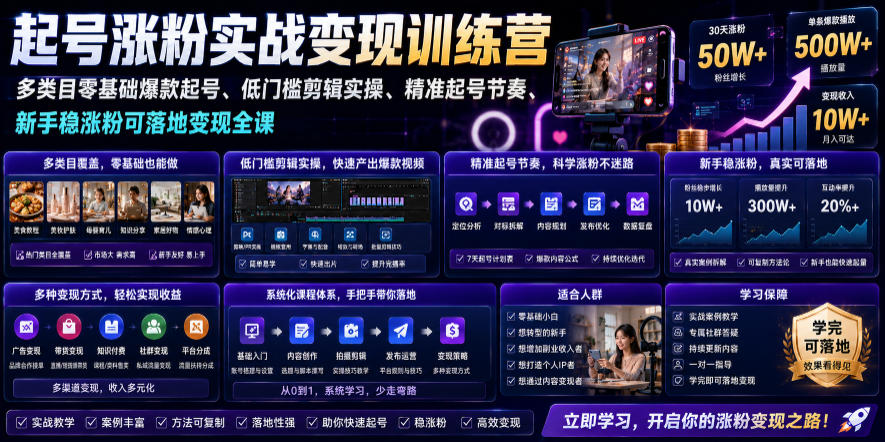 苗子起号涨粉实战变现训练营，多类目零基础爆款起号、精准起号节奏、新手稳涨粉可落地变现全课-985网创