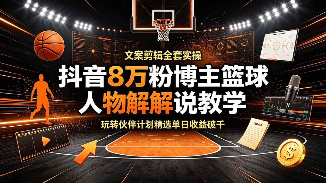 （19135期）抖音8万粉博主篮球人物解说教学，文案剪辑全套实操，玩转伙伴计划精选单日收益破千-985网创