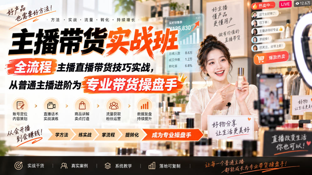 主播带货实战班ZB，全流程主播直播带货技巧实战，从普通主播进阶为专业带货操盘手-985网创