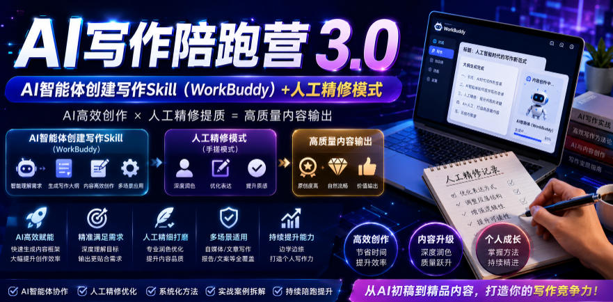 AI写作陪跑营3.0，Ai智能体创建写作skill(workbuddy)+人工手写模式(手搓模式)，去除AI痕迹(头条号、公众号、百家号)-985网创