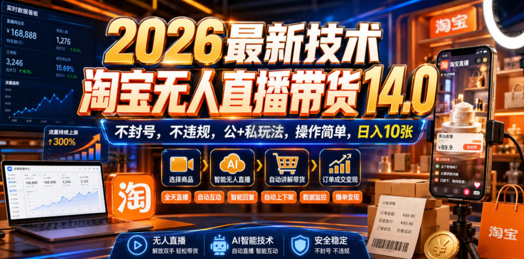 2026最新技术，淘宝无人直播带货14.0，不封号，不违规，公+私玩法，操作简单，日入10张【揭秘】-985网创