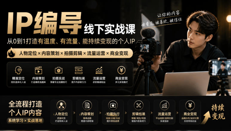 【无水印】IP编导线下实战课，从人物定位到短视频拍摄剪辑，全流程打造有温度、有流量、能持续变现的个人IP内容-985网创
