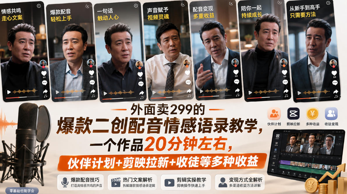 外面卖299的爆款二创配音情感语录教学，一个作品20分钟左右，伙伴计划+剪映拉新+收徒等多种收益-985网创