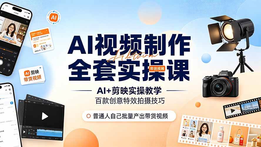 （19200期）AI视频制作全套实操课，多款AI工具搭配剪映教学，百种特效运镜拍摄实操，抖音账号带货运营全覆盖-985网创