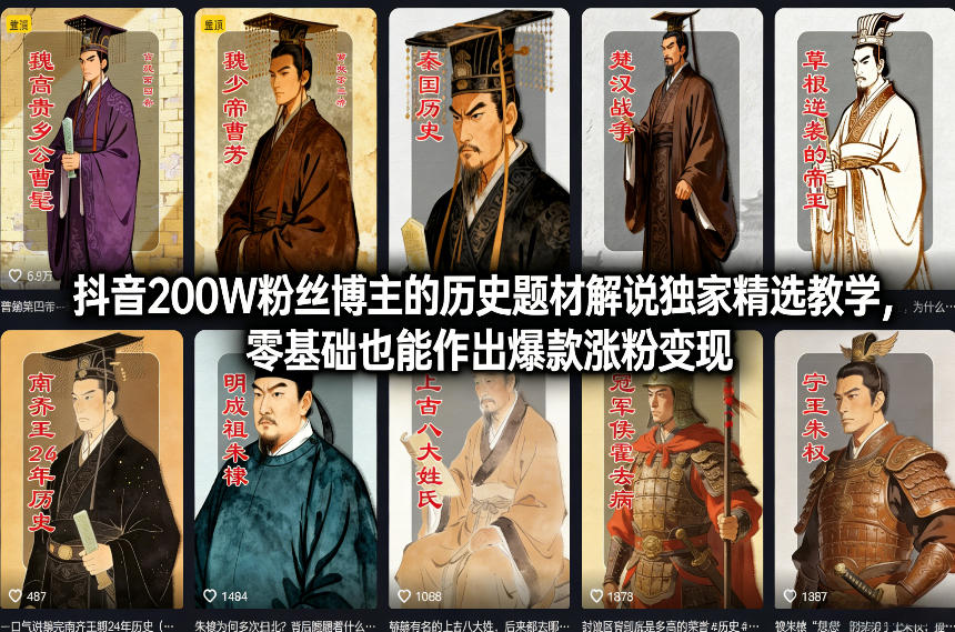 抖音200W粉丝博主的历史题材解说独家精选教学，零基础也能作出爆款涨粉变现-985网创