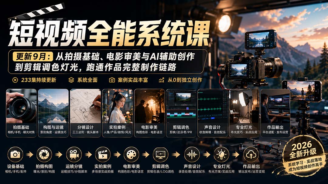短视频全能系统课-更新8月233集：从拍摄基础、电影审美与AI辅助创作到剪辑调色灯光，跑通作品完整制作链路-985网创