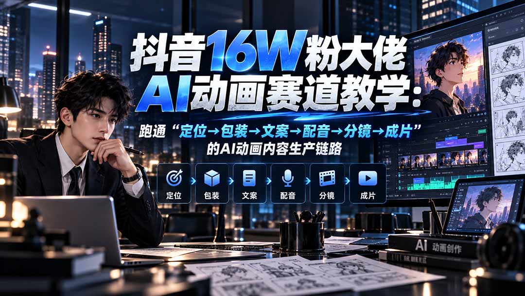 抖音16W粉大佬规则门禁AI动画赛道教学：跑通“定位→包装→文案→配音→分镜→成片”的AI动画内容生产链路-985网创