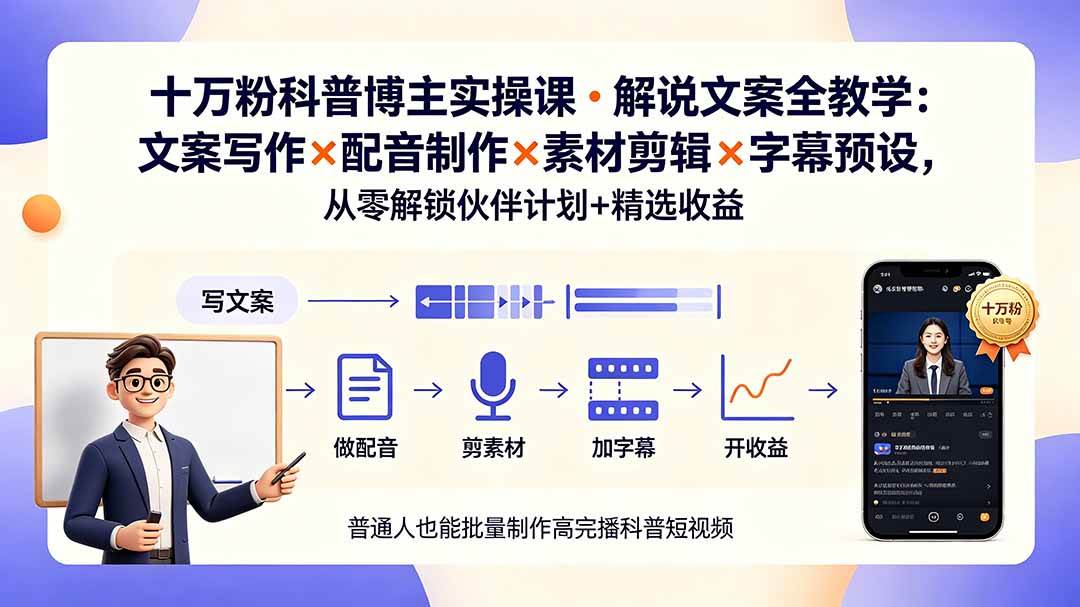 （19275期）10万粉科普博主实操课-解说文案全教学：文案写作×配音制作×素材剪辑×字幕预设，从零解锁伙伴计划+精选收益-985网创