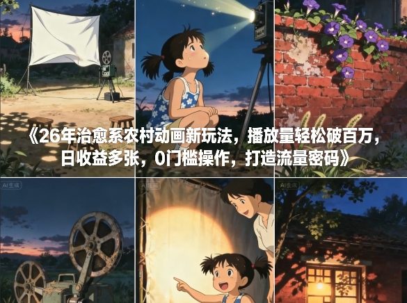 26年治愈系农村动画新玩法，播放量轻松破百万，日收益多张，0门槛操作，打造流量密码-985网创