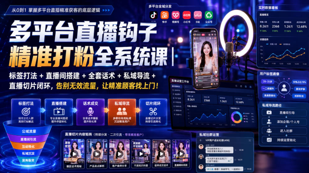 多平台直播钩子精准打粉全系统课｜标签打法+直播间搭建+全套话术+私域导流+直播切片闭环，告别无效流量，让精准顾客找上门！-985网创