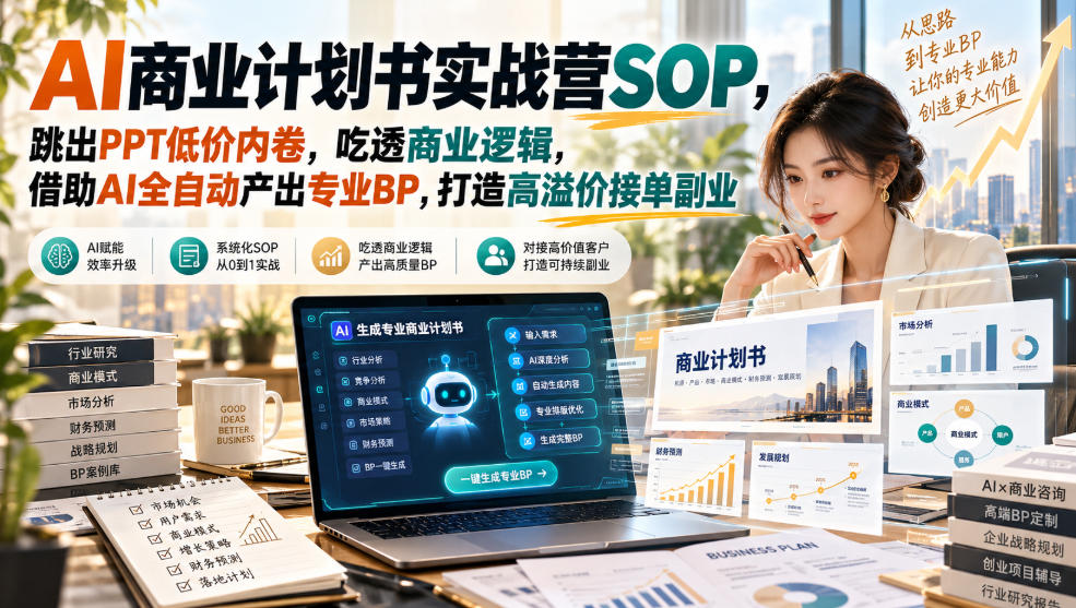 AI商业计划书实战营SOP，跳出PPT低价内卷，吃透商业逻辑，借助AI全自动产出专业BP，打造高溢价接单副业-985网创